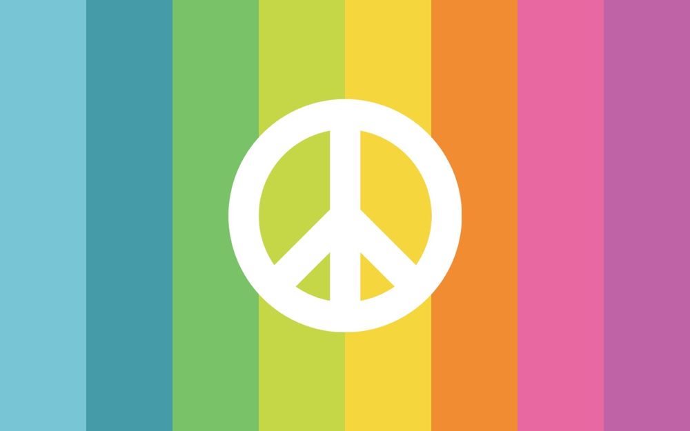 Обои для рабочего стола Белый значок Peace / Мир на радужном фоне