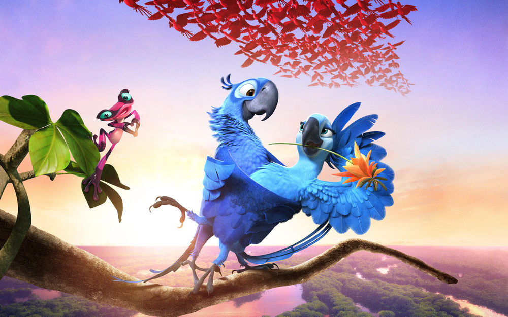 Обои для рабочего стола Герои мультфильма Рио-2 / Rio 2 Голубчик / Blu и Жемчужинка / Jewel танцуют на ветке