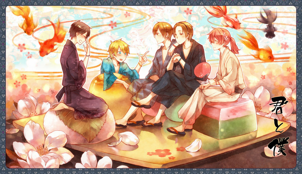 Обои для рабочего стола Asaba Yuki / Асаба Юки, Asaba Yuta / Асаба Юта, Matsuoka Shun / Мацуока Сюн, Tachibana Chizuru / Тачибана Мизуру, Tsukahara Kaname / Тсукахара Канаме в кимоно сидят и рассуждают в окружении цветов и золотых рыбок, аниме Kimi to Boku / Ты и я / Мы с тобой, art by CK
