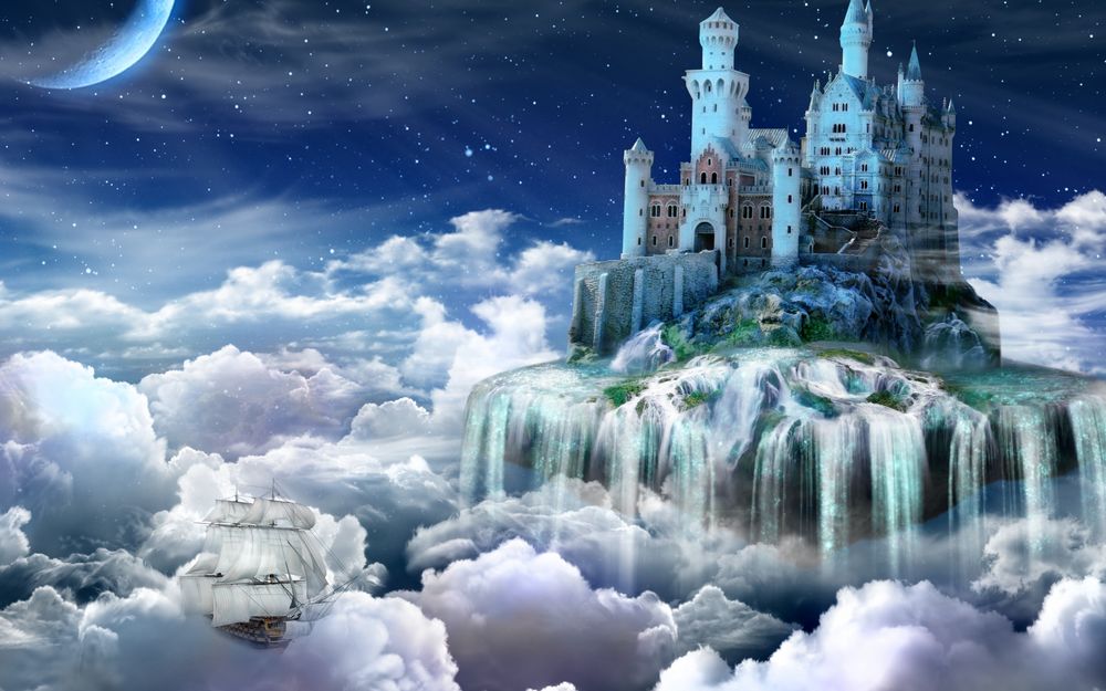 Обои для рабочего стола Замок на островке, с которого стекает водопад, рядом под облакам парит корабль на фоне луны и звездного неба