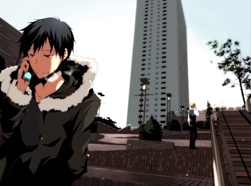 Обои для рабочего стола Heiwajima Shizuo / Хейваджима Шизуо и Orihara Izaya / Орихара Изая разговаривают с друг другом по телефону, аниме Durarara / DRRR / Дюрарара, Art by Sinba