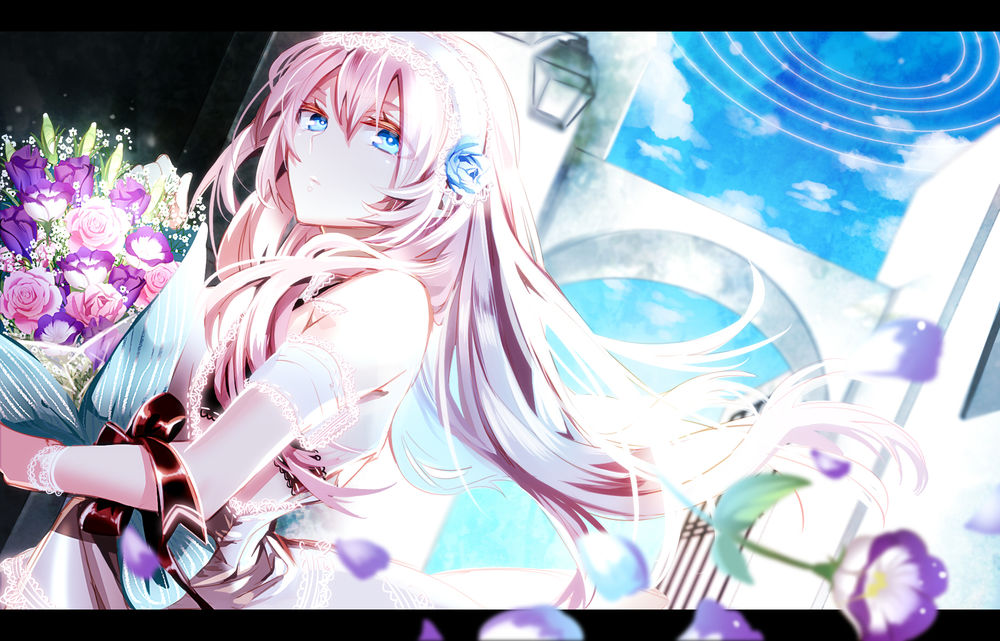 Обои для рабочего стола Vocaloid Megurine Luka / Вокалоид Мегурине Лука с букетом цветов
