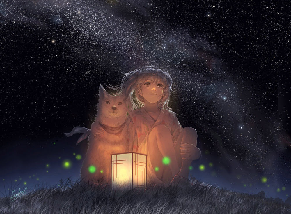 Обои для рабочего стола Девочка с собакой на фоне ночного звездного неба, art by luke
