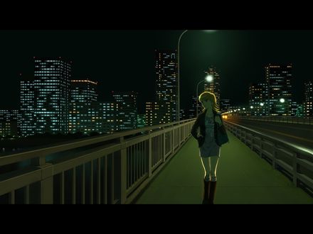 Обои на рабочий стол Девушка идет по мосту, art by om