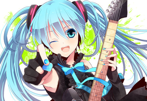 Обои на рабочий стол Vocaloid Hatsune Miku / Вокалоид Хатцуне Мику играет на гитаре