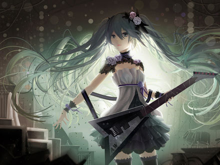 Обои на рабочий стол Vocaloid Hatsune Miku / Вокалоид Хатсуне Мику играет на гитаре