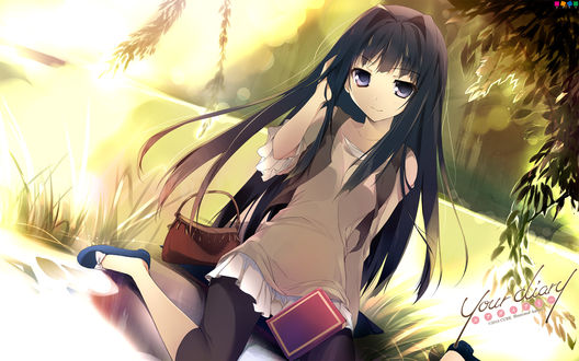 Обои на рабочий стол Ayase Sayuki / Саюки Аясе сидит под деревом на берегу реки, из игры визуальной новеллы Your Diary / Твой Дневник, art by Karory