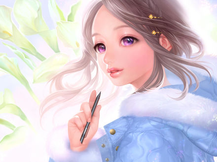 Обои на рабочий стол Девушка держит ручку с надписью SONY, art by Airspace