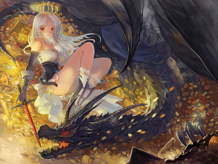 Обои на рабочий стол Девушка и дракон, art by quaanqin
