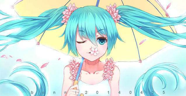 Обои на рабочий стол Vocaloid Hatsune Miku / Вокалоид Хатцуне Мику с зонтом
