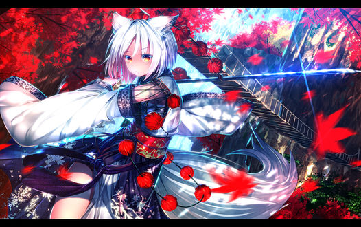 Обои на рабочий стол Inubashiri Momiji / Инабушири Момидзи из игры Tohou Project / Проект Восток, art by Ryosios