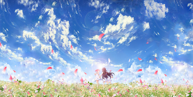 Обои на рабочий стол Хомура Акэми / Homura Akemi и Канаме Мадока / Kaname Madoka из аниме Mahou Shoujo Madoka Magica / Девочка-волшебница Мадока Магика