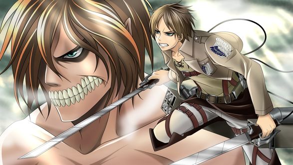 Обои на рабочий стол Eren Jaeger / Эрен Йегер и его образ титана из аниме Атака Титана / Attack on Titan / Shingeki no Kyojin