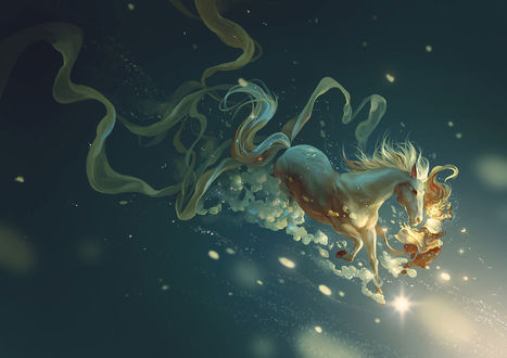 Обои на рабочий стол Девушка и лошадь бегут по снегу, art by hanyijie