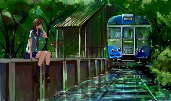 Обои на рабочий стол Девушка сидит на ограждении возле станции, art by jittsu