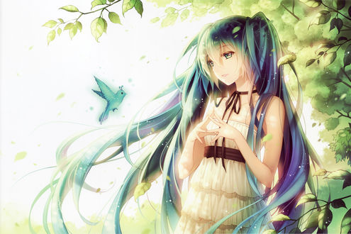 Обои на рабочий стол Vocaloid Hatsune Miku / Вокалоид Хатсуне Мику смотрит на птицу
