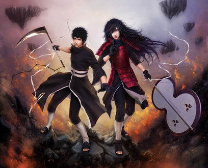 Обои на рабочий стол Оbito Uchiha / Обито Учиха и Madara Uchiha / Мадара Учиха из аниме Наруто / Naruto, art by zetsuai89