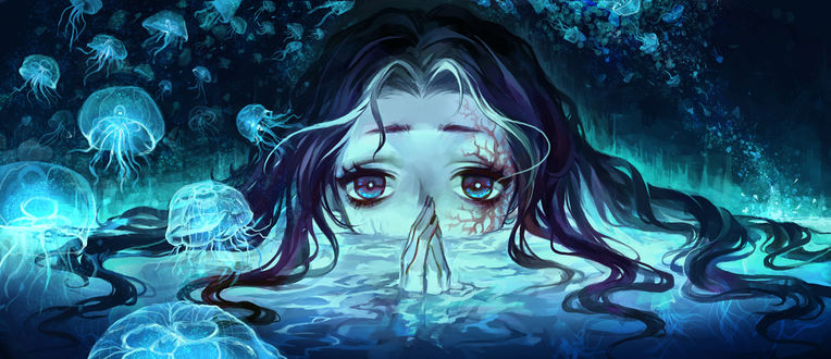 Обои на рабочий стол Девушка в воде среди медуз, art by silverwing