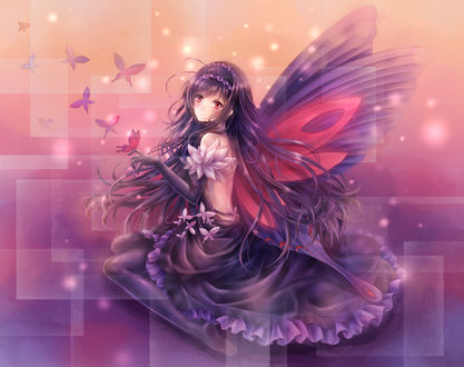 Обои на рабочий стол Kuroyukihime / Куроюкихимэ (Black Lotus / Черный лотос) с крыльями бабочки за спиной, персонаж из аниме Accel World / Ускоренный Мир, art by tandolcedeco