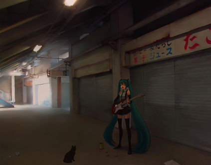 Обои на рабочий стол Vocaloid Hatsune Miku / Вокалоид Хатсуне Мику играет на гитаре кошке, стоя в переходе
