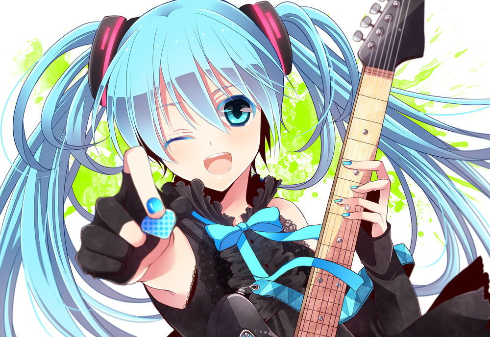 Обои для рабочего стола Vocaloid Hatsune Miku / Вокалоид Хатцуне Мику играет на гитаре