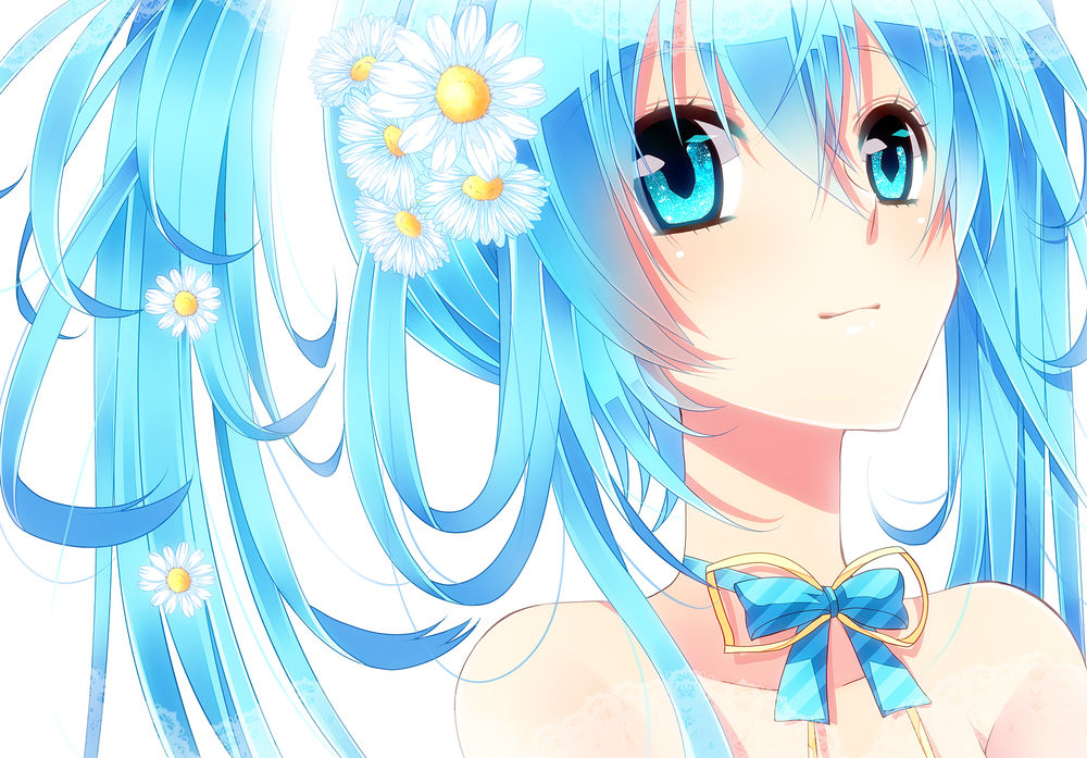 Обои для рабочего стола Vocaloid Hatsune Miku / Вокалоид Хатцуне Мику с ромашками в волосах