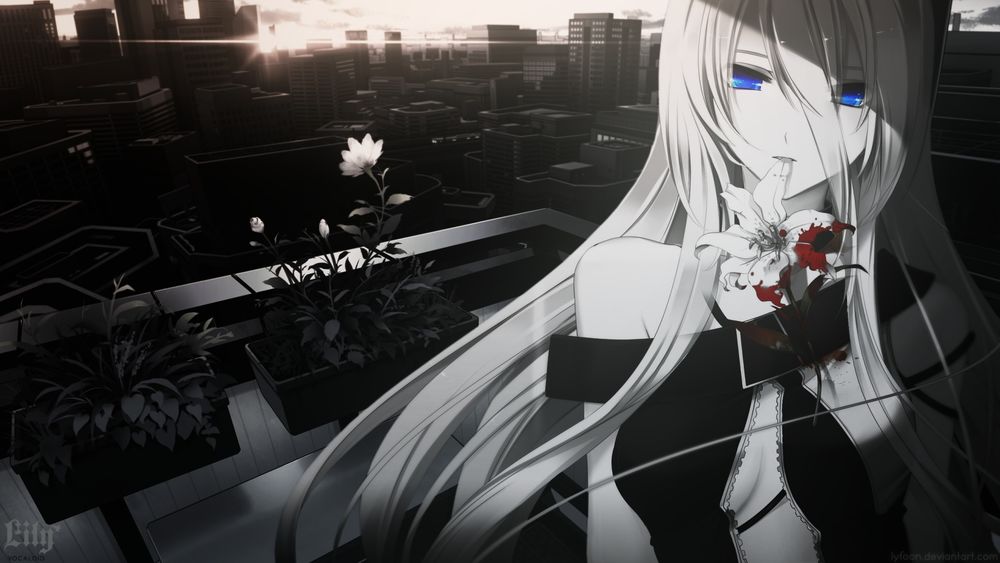 Обои для рабочего стола Вокалоид Лили / Vocaloid Lily с окрававленным цветком лилии во рту, art by