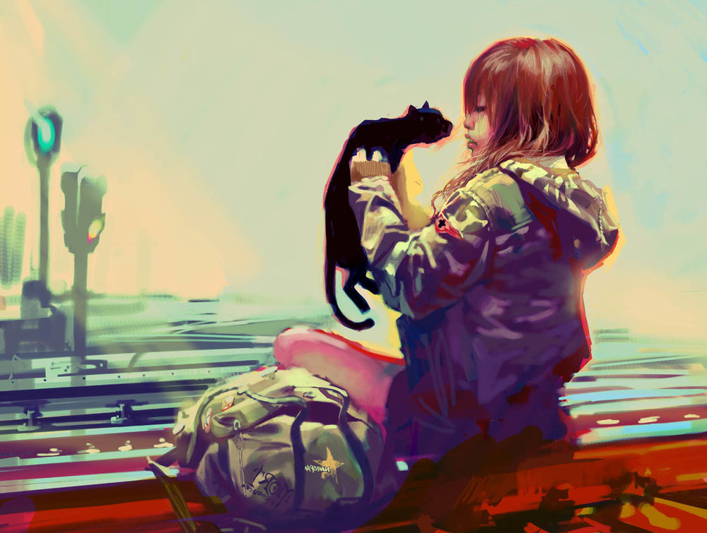 Обои для рабочего стола Девушка держит на руках кошку, art by benjamin