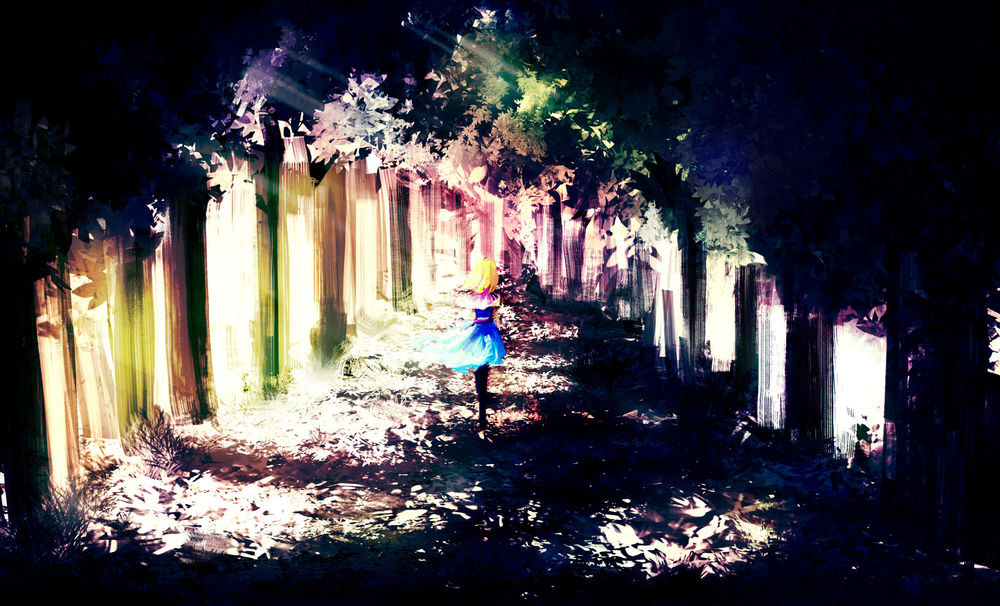 Обои для рабочего стола Алиса Маргатройд / Alice Margatroid из анимешной игры Touhou Project / Проект Восток cтаит среди деревьев в лучах солнца, art by urami
