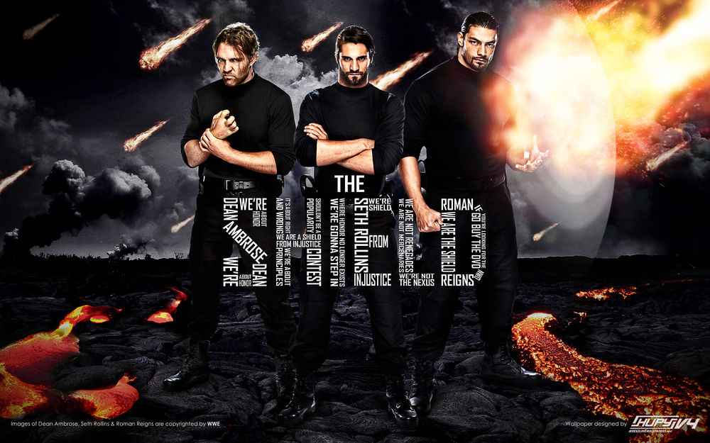 Обои для рабочего стола Группировка the Shield, состоящая из Романа Рейнса, Сета Роллинса и Дина Эмброуса. из реслинг-федерации WWE на фоне падающих с неба метеоритов