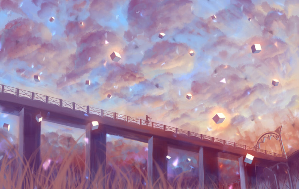Обои для рабочего стола Силуэт девушки на мосту, art by bounin