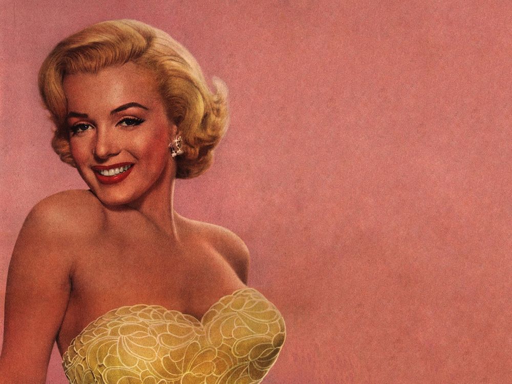 Обои для рабочего стола Американская киноактриса Мэрилин Монро / Marilyn Monroe на розовом фоне