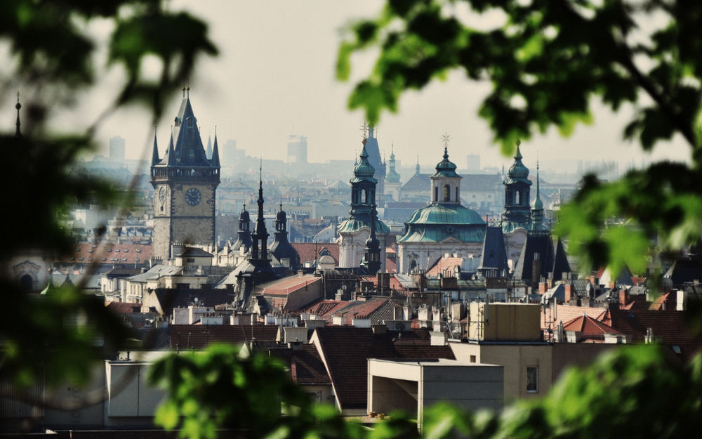 Обои для рабочего стола Вид на Прагу сквозь деревья, Чехия / Prague, Czech Republic