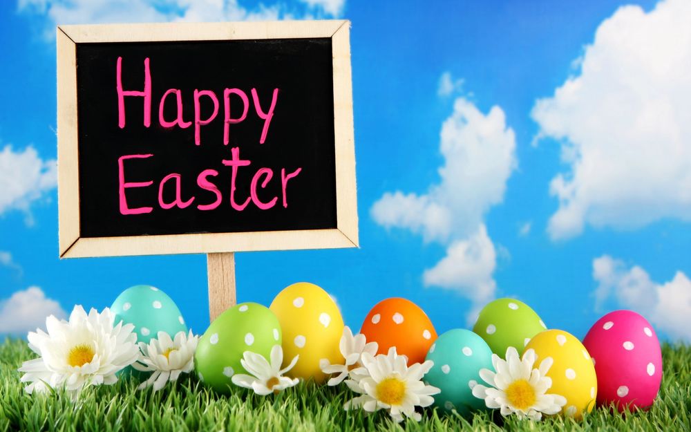 Обои для рабочего стола Пасхальные яйца с белыми ромашками на зеленой траве на фоне голубого неба с белыит облаками, рядом черная табличка (Happy Easter / Счастливой Пасхи)