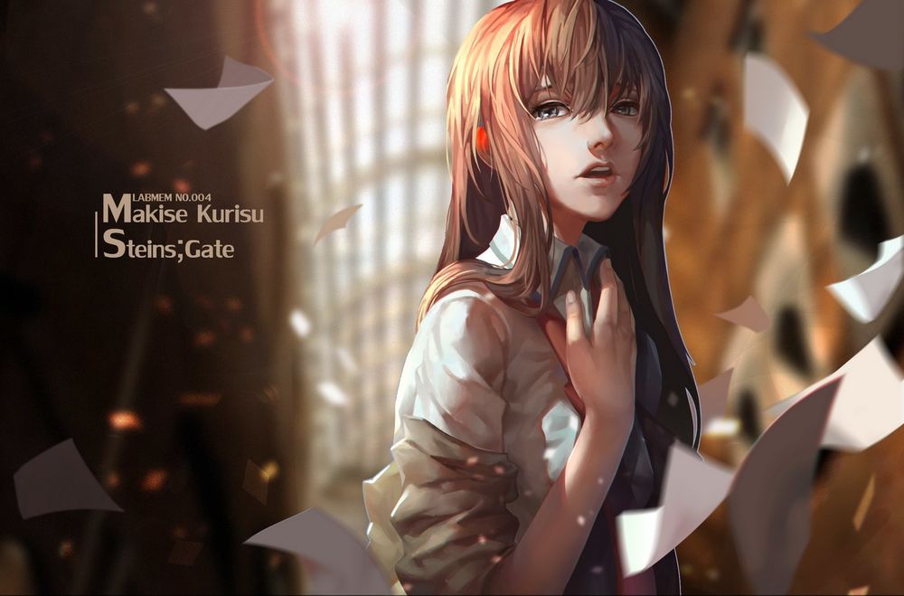Обои для рабочего стола Kurisu Makise / Курису Макисэ из аниме Steins;Gate / Врата Штейна, среди листков бумаги