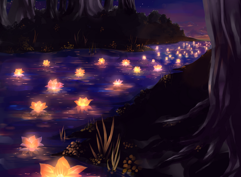 Обои для рабочего стола Горящие фонари в форме цветов, плывущие по лесной реке на фоне ночного неба, art Cherry Orange