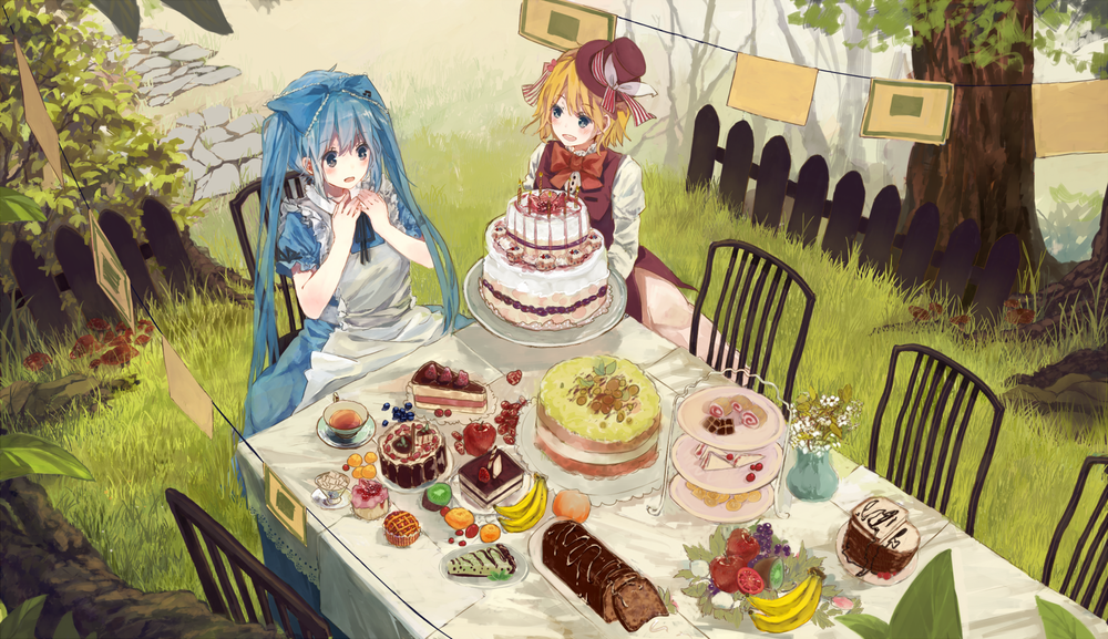 Обои для рабочего стола Vocaloid Hatsune Miku / Вокалоиды Хатсуне Мику и Kagamine Rin / Кагамине Рин в стиле Alice in Wonderland, art by bou shaku
