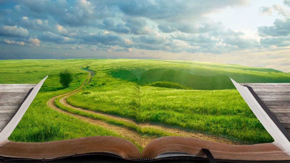 Обои для рабочего стола Дорога к облакам по зеленому полю на раскрытой книге