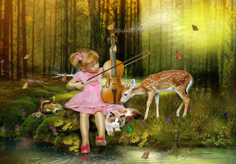 Обои для рабочего стола Белокурая девочка, сидящая на берегу лесного ручья, держащая в руке скрипку водит по струнам смычком в окружении кота, олененка и белки на фоне порхающих бабочек