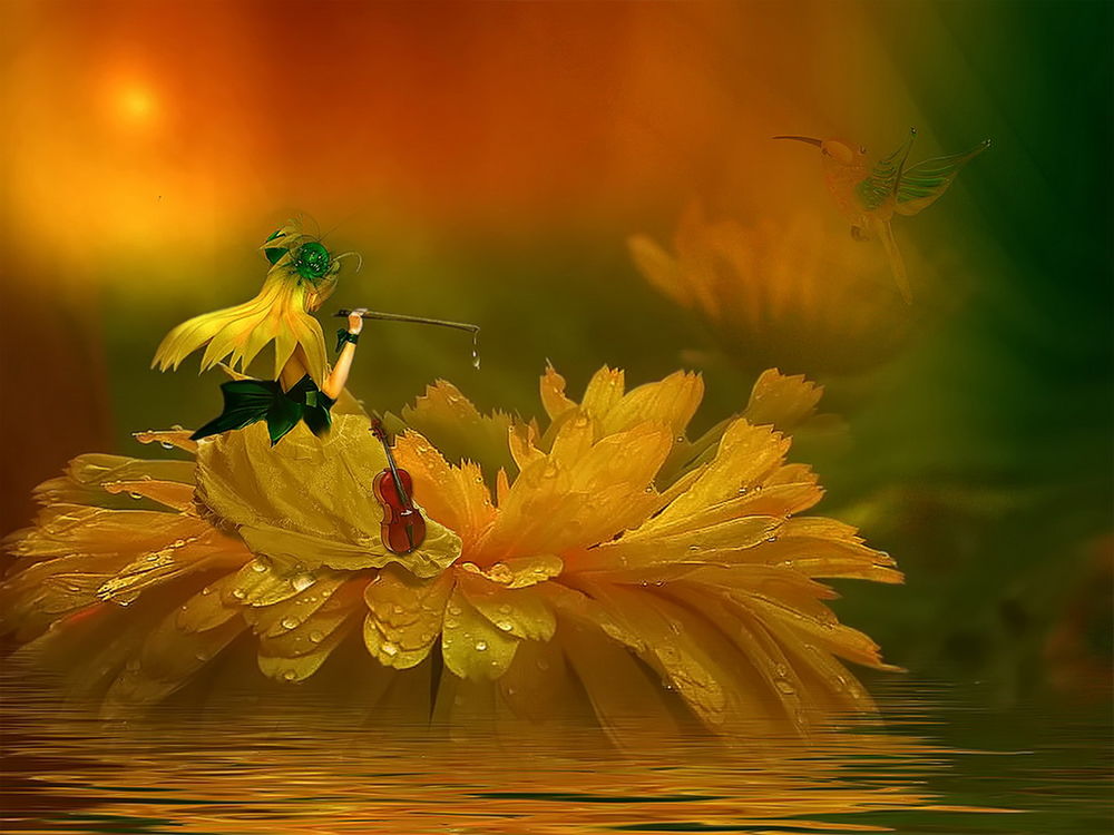 Обои для рабочего стола Девочка-дюймовочка, держащая в руках смычок от скрипки, сидящая на желтой лилии, плавающей в воде, с лежащей рядом с ней скрипкой на фоне заката и тропической птицы, сидящей на соседнем цветке, автор Nataliorion