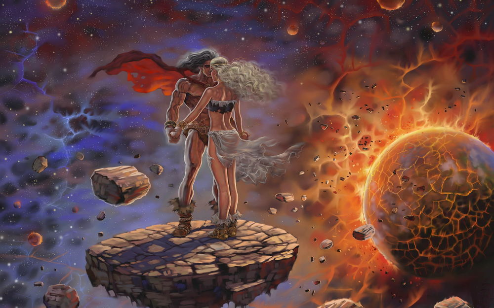 Обои для рабочего стола Юноша и девушка, взявшись за руки стоят на каменном осколке от разлетевшейся в космосе планеты в окружении звездной бури