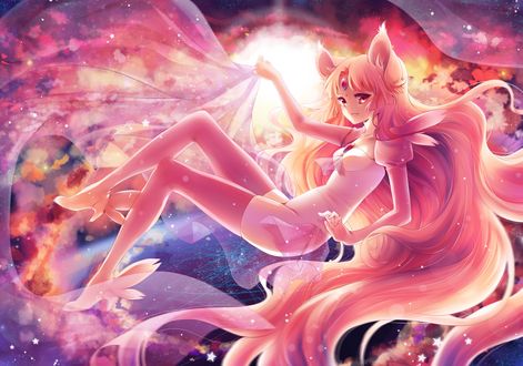 Обои на рабочий стол Неко-девушка с прозрачной тканью в руке, art by natsumii chan