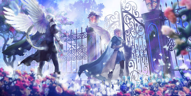 Обои на рабочий стол Два ангела около железной ограды, art by lost elle