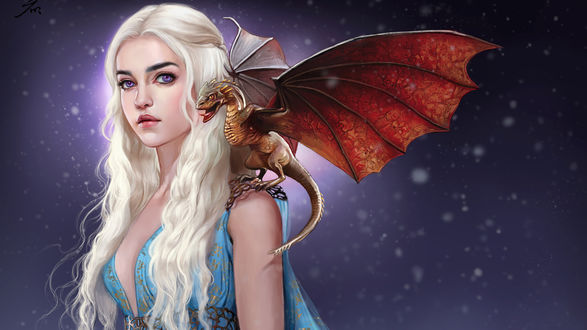 Обои на рабочий стол Дейенерис Таргариен / Daenerys Targaryen с драконом на плече, арт к сериалу Игра престолов / Game of Thrones