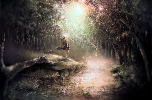 Обои на рабочий стол Гинко-сан / Ginko-san из аниме Mushishi / Мастер Муши стоит около реки в лесу