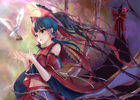 Обои на рабочий стол Reimu Hakurei / Рейму Хакурей, персонаж из серии компьютерных игр Touhou Project / «Проект «Восток»», art by Kachayori