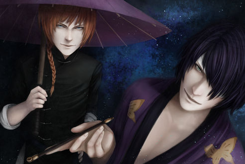 Обои на рабочий стол Синсукэ Такасуги / Shinsuke Takasugi и Камуи / Kamui из аниме Гинтама / Gintama