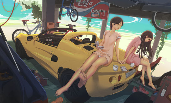 Обои на рабочий стол Девушки сидят на багажнике автомобиля Lotus Elise / Лотус Элис, art by Pandarou