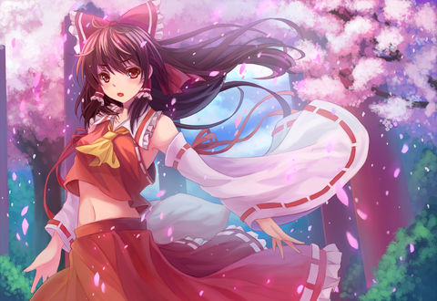 Обои на рабочий стол Reimu Hakurei / Рейму Хакурей стоит на фоне цветущих сакур, из серии компьютерных игр Touhou Project / «Проект «Восток»», art by Youxuemingdie