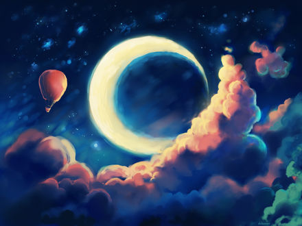 Обои на рабочий стол Воздушный шар в ночном небе, art by chibionpu